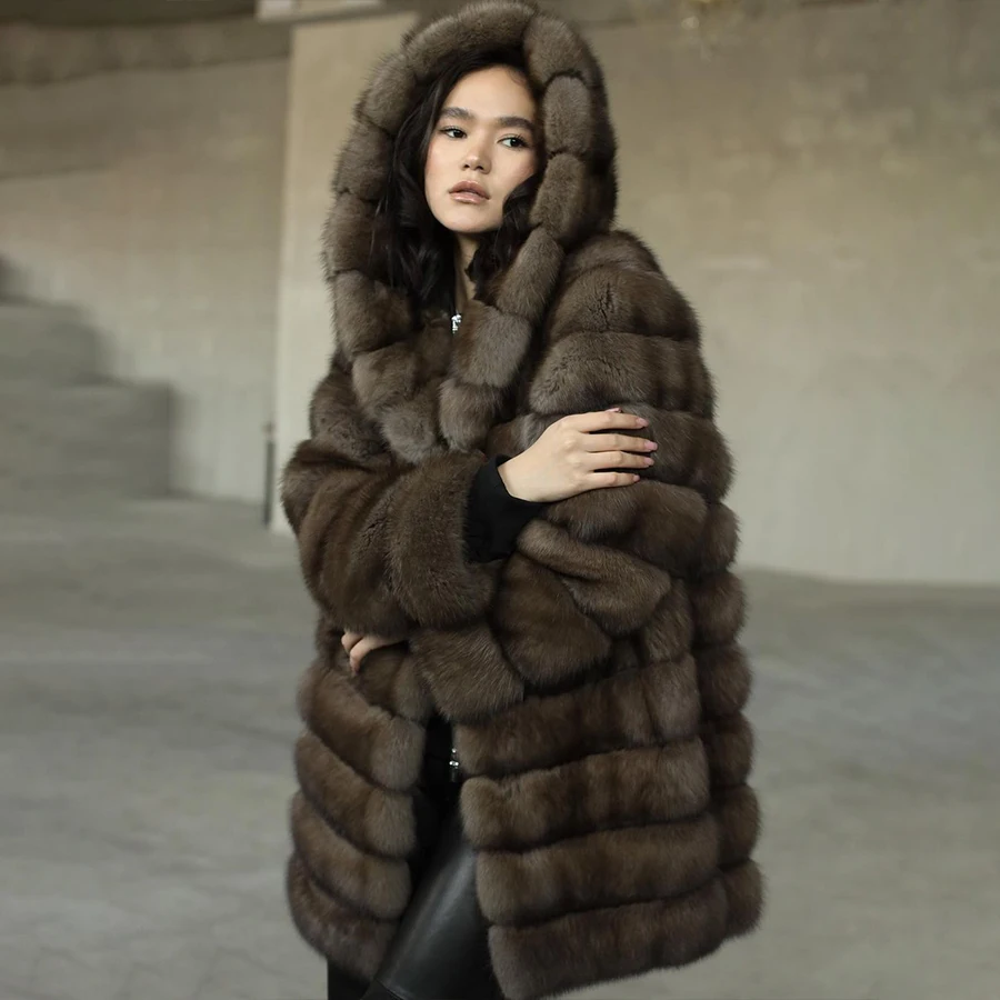 

Women's Fluffy Coat Mid-Length Real Fox Fur Hood Coat Women Hot Selling Natural Fox Fur Jacket Warm Winter Fur Coats