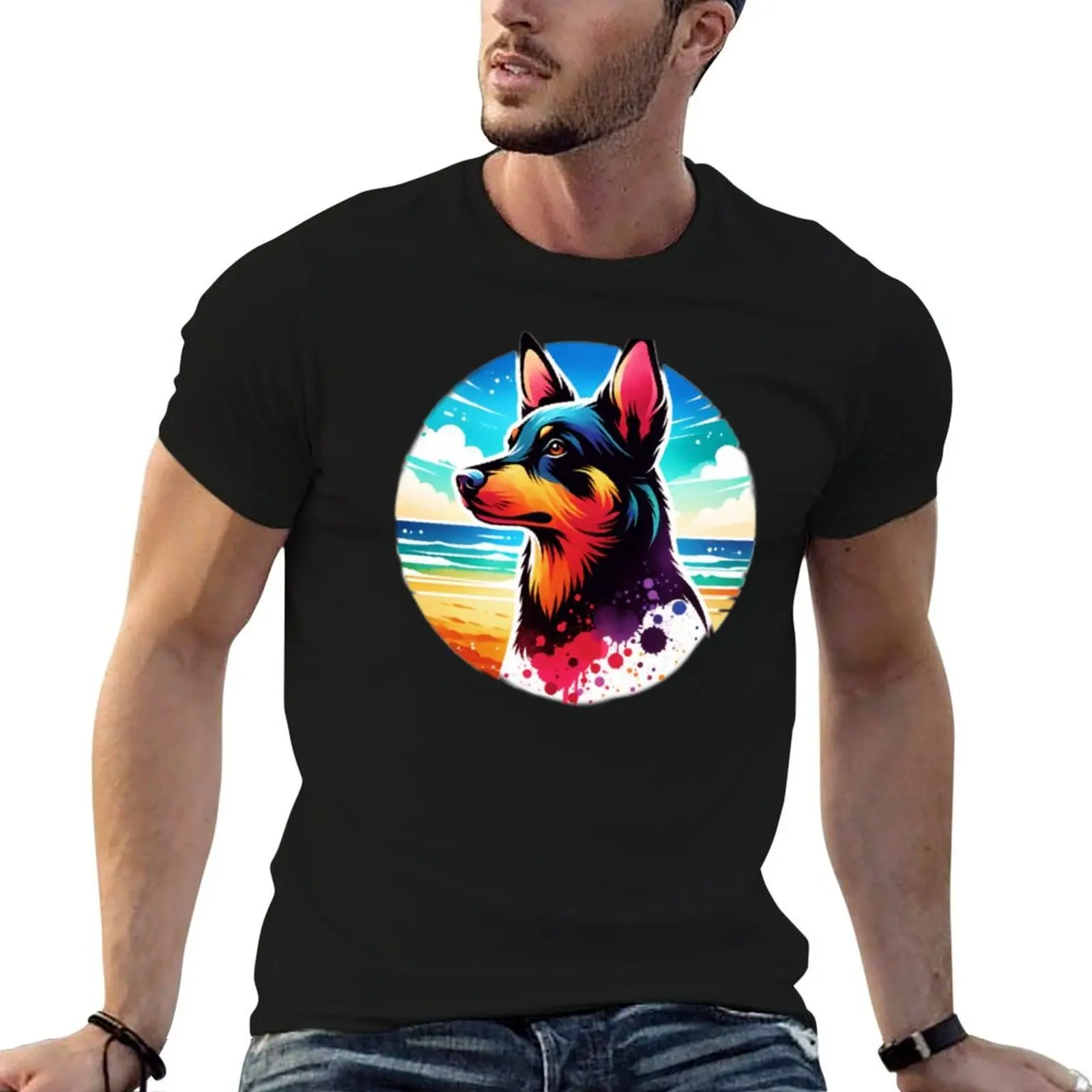 

Australian Kelpie Beach Background T-Shirt t shirts for man graphic tees cotton tshirt 100% T-Shirt