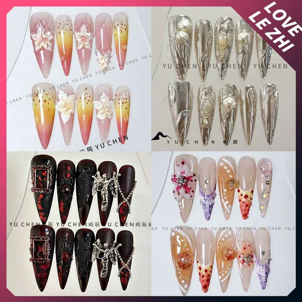 10Pcs Almond False Nails Lily Flower 3D Nail Stickers Rhinestone Designs Sparkly Stiletto Nails with Wearable Fake Nails