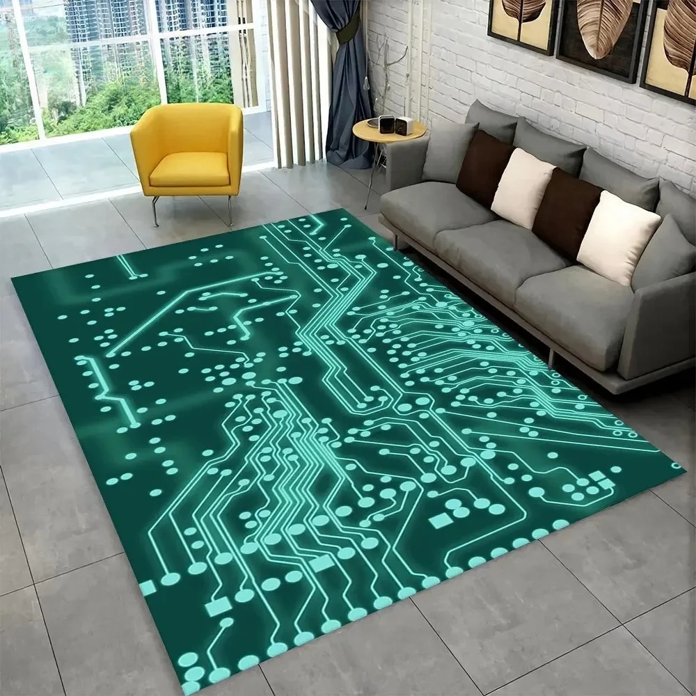 3D Cyan Green Circuit Board Gaming Carpet Non Slip Soft Easy Clean Ideal for Gamer Den Vacation Rental Perfect for Game Lovers