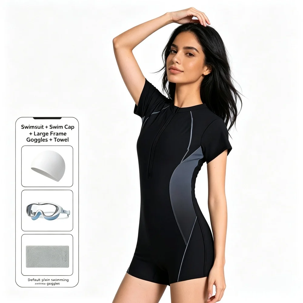Women Short Sleeve One Piece Boyleg Swimsuit Front Zip Athletic Sport Bathing Suit Tummy Control Racing Swimwear