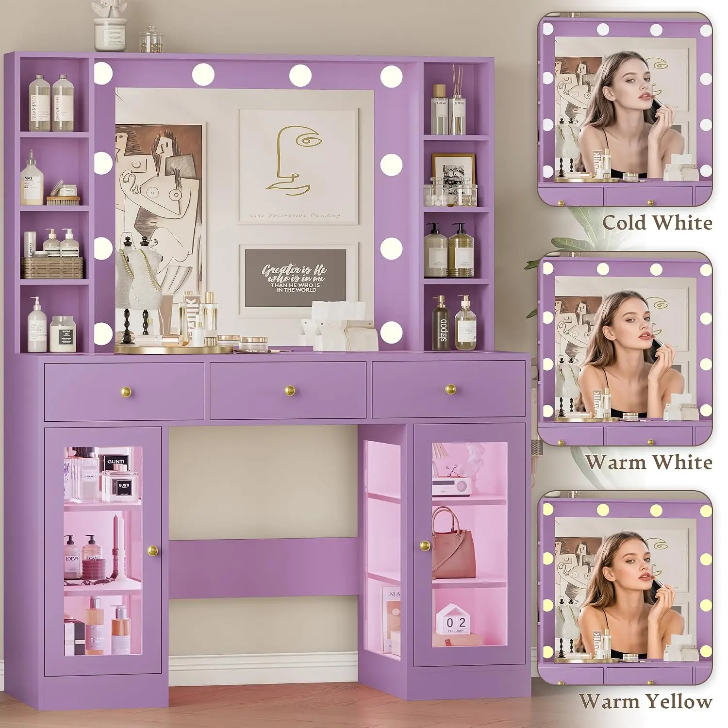Makeup Vanity Desk with Mirror and Lights, Purple Vanity with Glass Top, LED Lights & Power Outlet, 3 Drawers, Customized