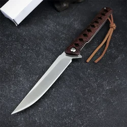 Stainless Steel Folding Knife Wood Handle EDC Hunting Camping Outdoor Rescue Pocket Knife Flipper Knife Multi-functional Tool