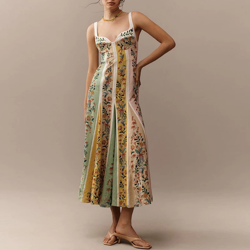 Zomer Vrouwen Diepe V-hals Band Mode Print Lente Zomer Een Lijn Lange Jurk Vrouwen Mouwloze Strand Vakantie Jurken Boho