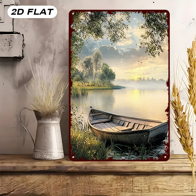 مسطح ثنائي الأبعاد، قطعة واحدة [مسطح [2D] لوحة زخرفية لمناظر طبيعية الشمس على شكل زهرة البحيرة، لافتة قصدير معدنية عتيقة - 8 بوصة × 12 بوصة، مناسبة لـ H