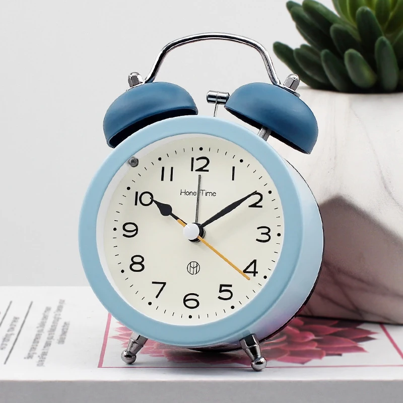 

Home Decoration Student Supplies Cartoon Face Metal Bell Alarm Clock Bedside Silent Sweep Seconds Cute Night Lamp Table Clock