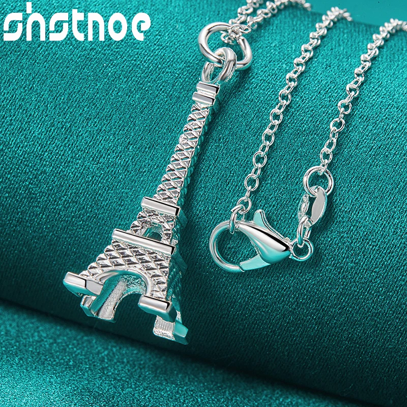 SHSTONE 16-30 Inch O-Chain 925 Sterling Silver Paris Eiffel Tower Pendant Necklace For Women Wedding Party Fashion Charm Jewelry