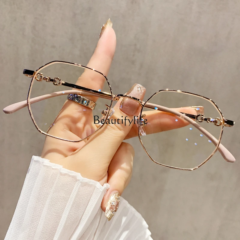 Polygonal gold silk glasses frame, myopic women can be equipped with degree, advanced sense and ultra-light