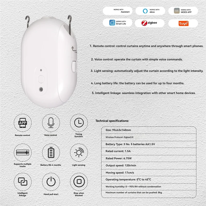AT63-Tuya Zigbee Smart Electric Curtain Robot Timing Auto Opener Closer Light Sensor App Remote Control