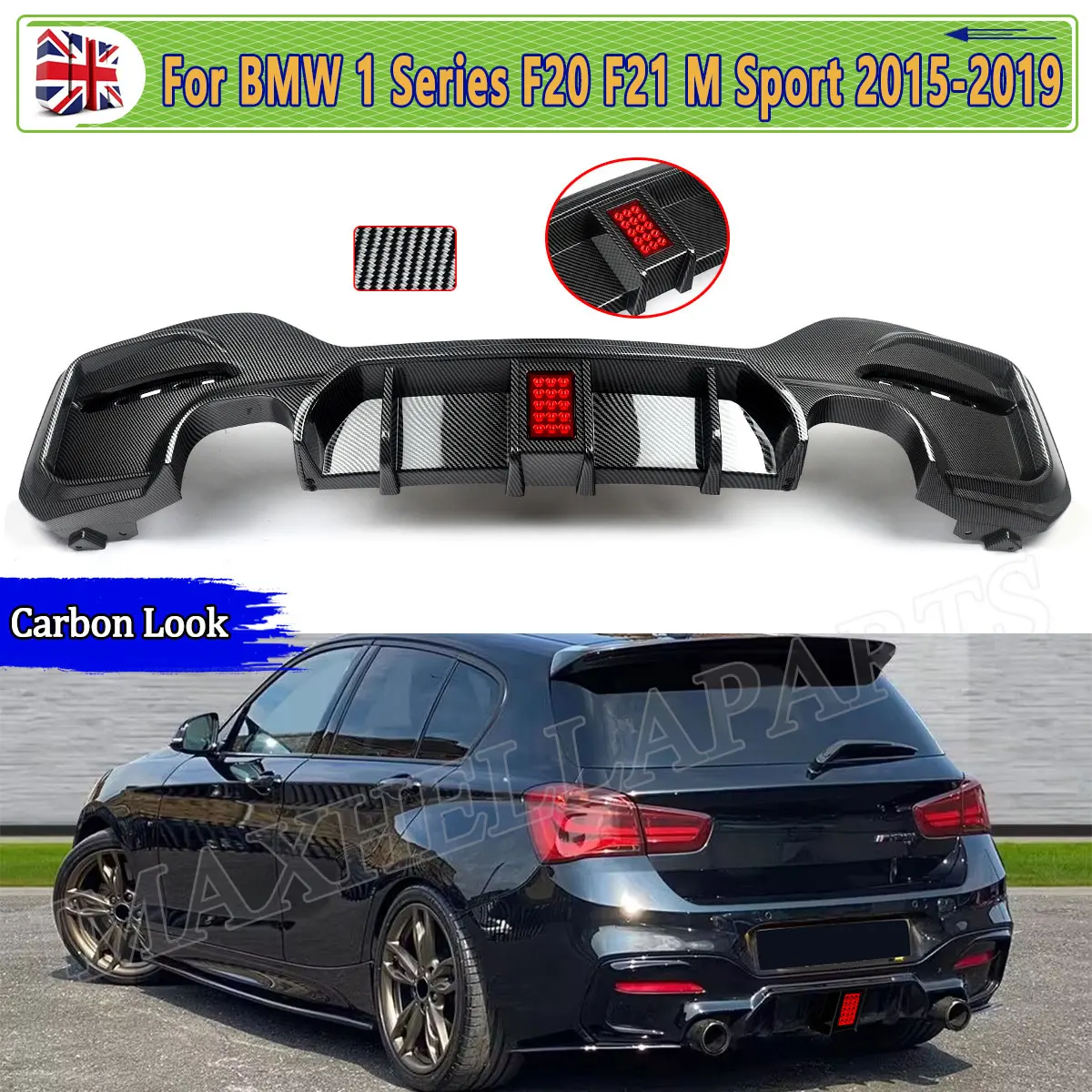 Hecklippen-Diffusor-Spoiler für BMW 1er M Sport F20 F21 M135i M140i 2015–2018, Stoßstange mit Bremslicht, glänzendes Schwarz, Zubehör