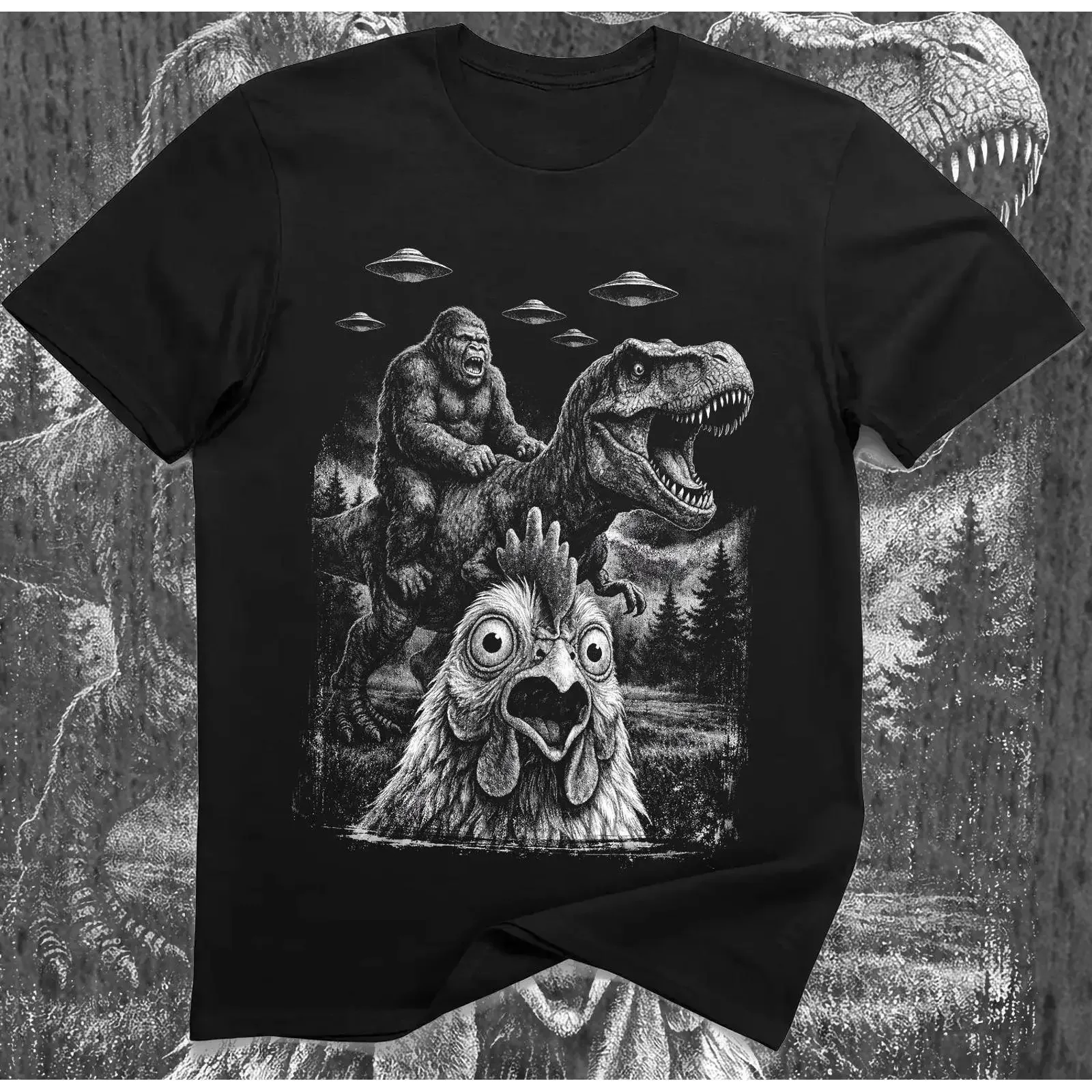 Bigfoot Riding T Rex UFO Shirt Absurd Meme Chicken  vintage Washed designer clothes fashion Soft Stylish Stretched