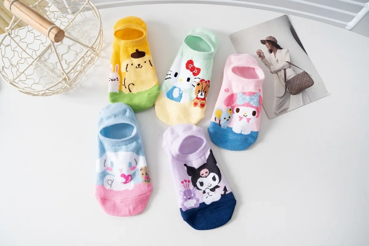 Kawaii Hello Kitty Invisible Female Boat Socks Cute Breathable Low Rise Socks Shallow Mouth Silicone Invisible Socks