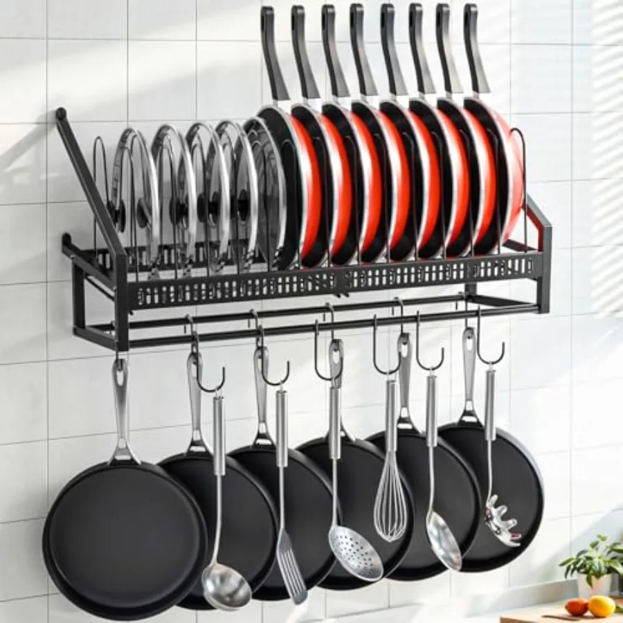 

Pan Rack Wall Mounted 24.8" Vertical Lid Organizer with 14 Adjustable Dividers Heavy Duty Hanging Cookware Holder Hanger with 6