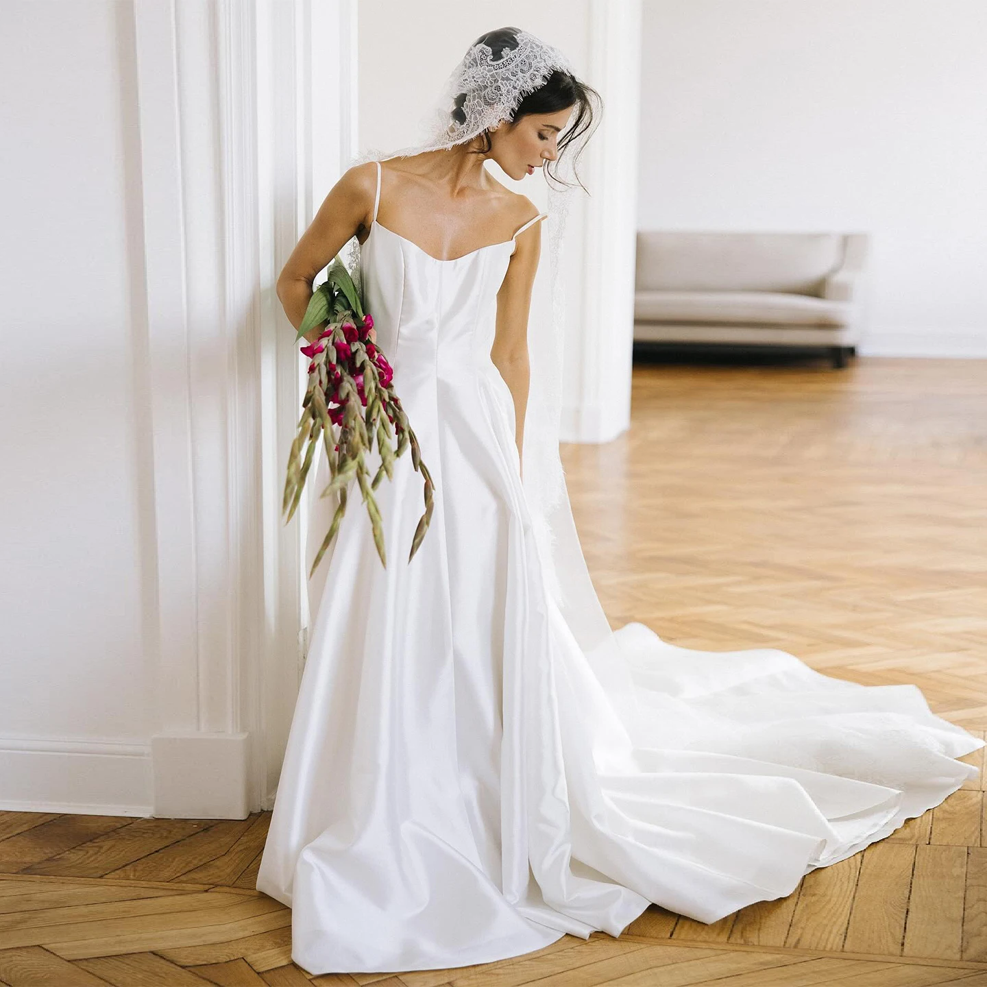 Simple Spaghetti Straps Satin Wedding Dress Sleeveless A Line Sweep Train Bridal Gown Elegant Bridal Photoshoot Dress TSWD830