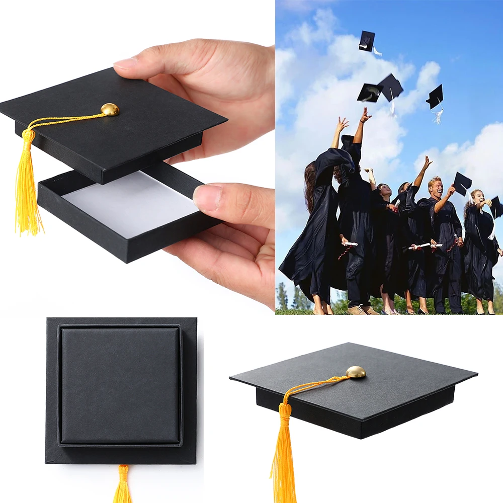 Black Graduate Hat Box with Gold Tassel for Graduation Gifts DIY Jewelry Cards Box 2023 Class Graduation Party Decorations