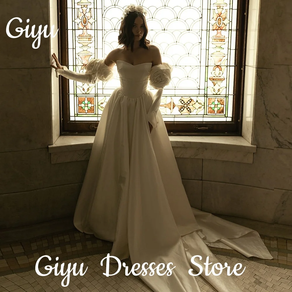 

Giyu Modren Свадебные платья трапециевидной формы без бретелек с большими цветами и рукавами, свадебные платья со шлейфом, простое свадебное платье по индивидуальному заказу, 2025 г.