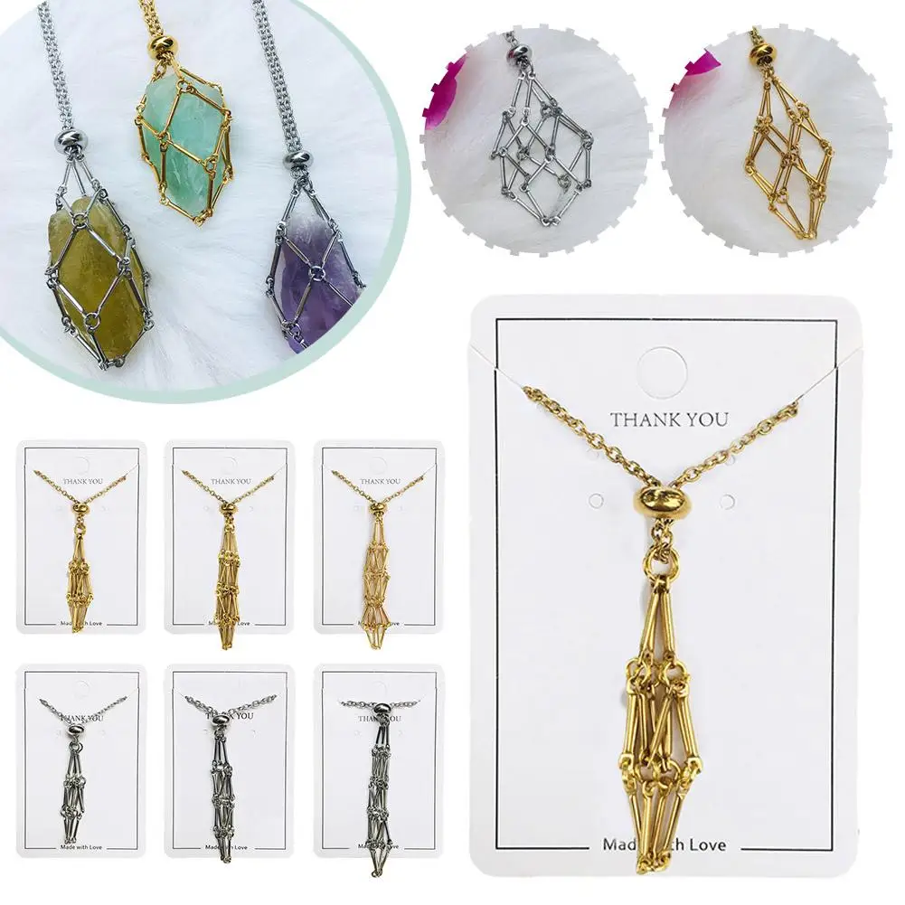 Stainless Steel Design Crystal Cage Necklace Holder Net Metal Chain Stone Collecting Holder Adjustable Pendant Jewelry