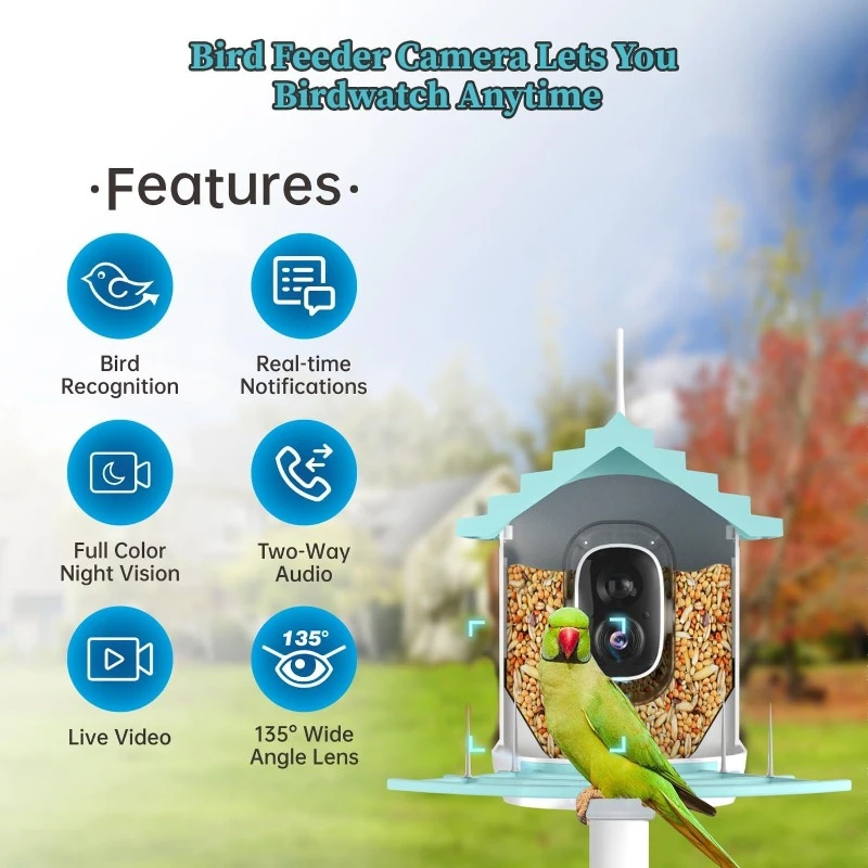 1080p Identify Wild Bird Recognition 10,000+ Bird Species -Auto Capture, Night Vision Bird Feeder Camera with Solar Power