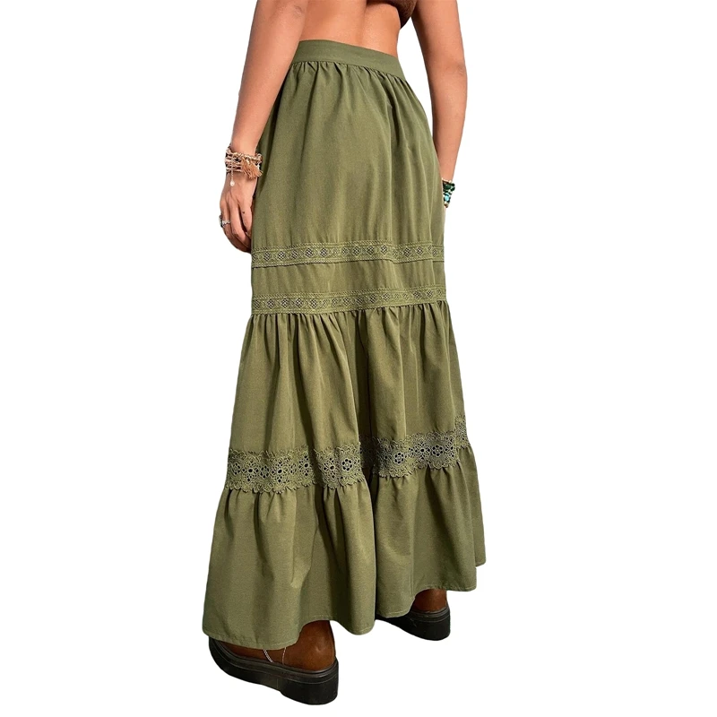 90s Vintage Green Pleated Skirts Korean Fashion Holiday Boho High Waist Long Skirts Retro Y2K Fairycore Cute Lace Trim Clothes