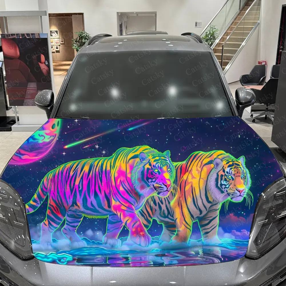 Adesivos românticos para capô de carro, par de tigre neon - envoltório de vinil autoadesivo, à prova d'água e durável, decorar e proteger seu carro - T