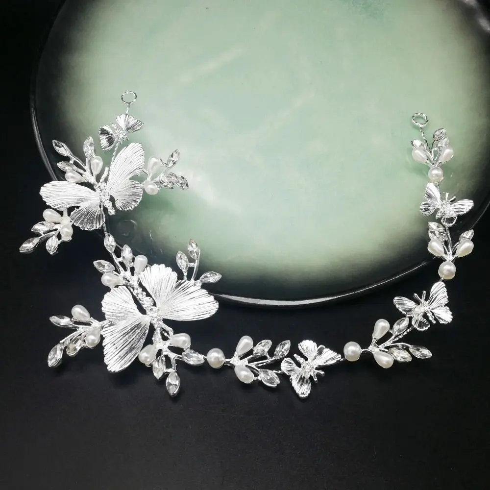 

Flower Bridal Butterfly Headband Pearl Beads Elegant Rhinestone Headdress Crown Hairband Sweet Wedding Crystal Headwear Wedding