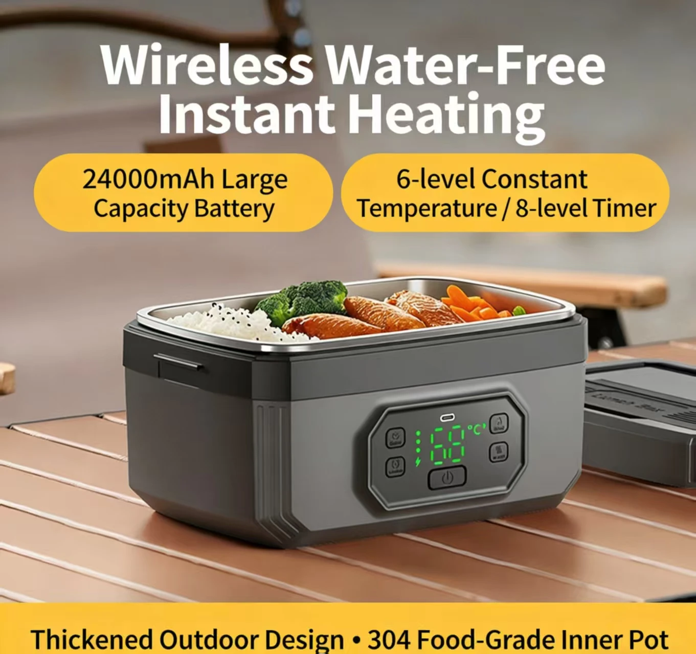 1.6L Capacity USB Rechargeable Portable Wireless Lunch Warmer Box Electric Cordless for Office Travel Car LED Display Type-C