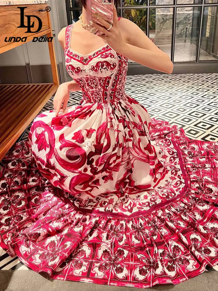 LD LINDA DELLA 2023 Fashion Runway Summer Dress Women's Spaghetti Strap Print Bohemia Vacation Long backless Dress