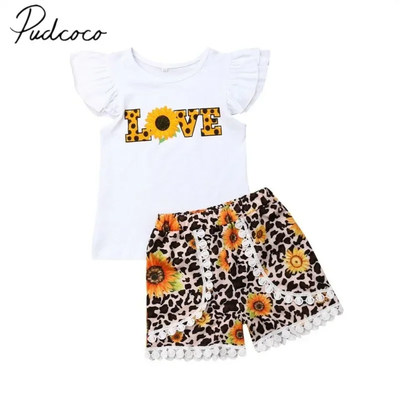 

2019 Baby Girl Love Letter T-shirt Tops Sunflower Outfit Set 1-6T