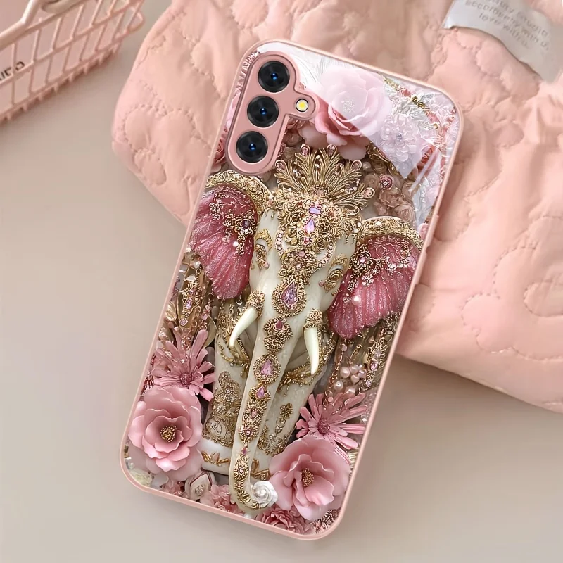 Vintage Elephant Flower Pattern Glass Phone Case Suitable for Samsung Galaxy S26 S25 S24 S22 S21 S20 FE/Ultra/Plus Anti Drop