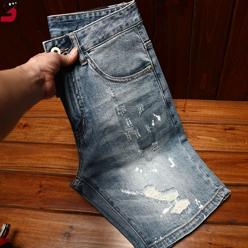 Celana pendek Denim sobek untuk pria, celana pendek Denim pas badan, celana pendek gaya Motor jalanan Retro biru modis musim panas