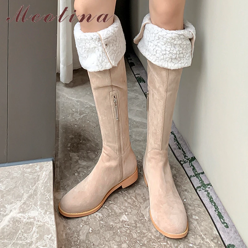 

Meotina Women Genuine Leather Thigh High Boots Round Toe Flat Zipper Buckle Ladies Over-the-Knee Long Boot Autumn Winter Shoes