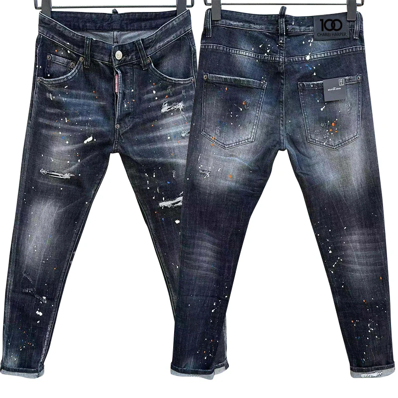 

100 chareiharper 118 Men's vintage blue jeans ripped stars stretch slim-fit pants with men's pants Coconut tree