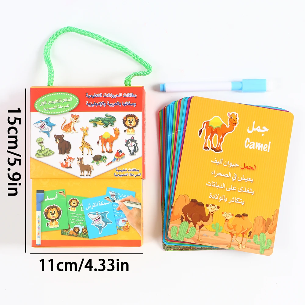 Arabic Animal Cognition Flashcard Set, Reusable Learning Cards, Comes with an Erasable Pen and a Portable Storage Box, Contains Bilingual Vocabulary of Marine and Land Animals, Includes Short Articles on Animal Behavior, Suitable for Language Enthusiasts to Self-Study, Multi-Language Vocabulary Accumulation Training, Portable Gift Box for Easy Carrying When Studying Foreign Words and Scientific Texts