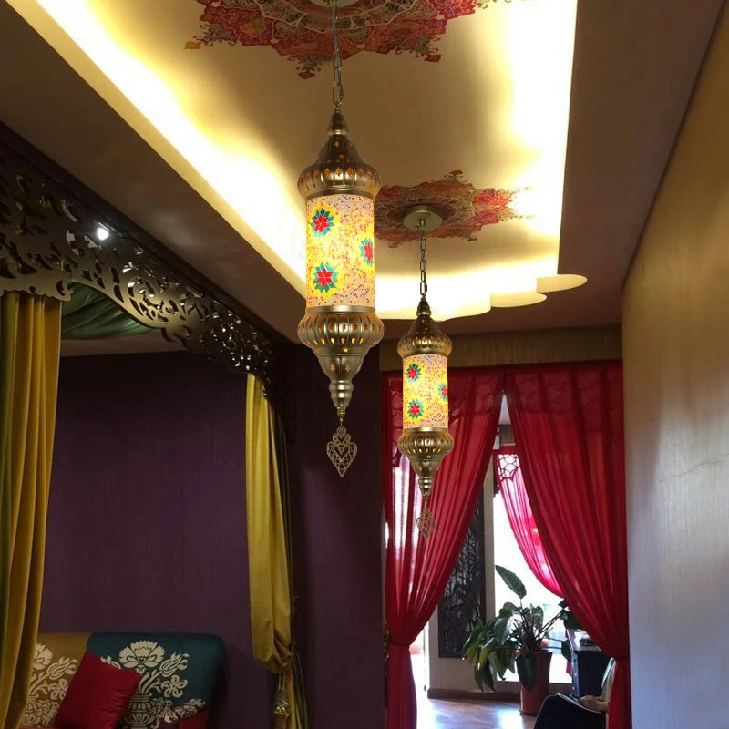 Moroccan Style Handmade Mosaic Pendant Light – 70cm Retro Hanging Lamp with Iron & Color Glass for Dining Room, Villa, Café Déco