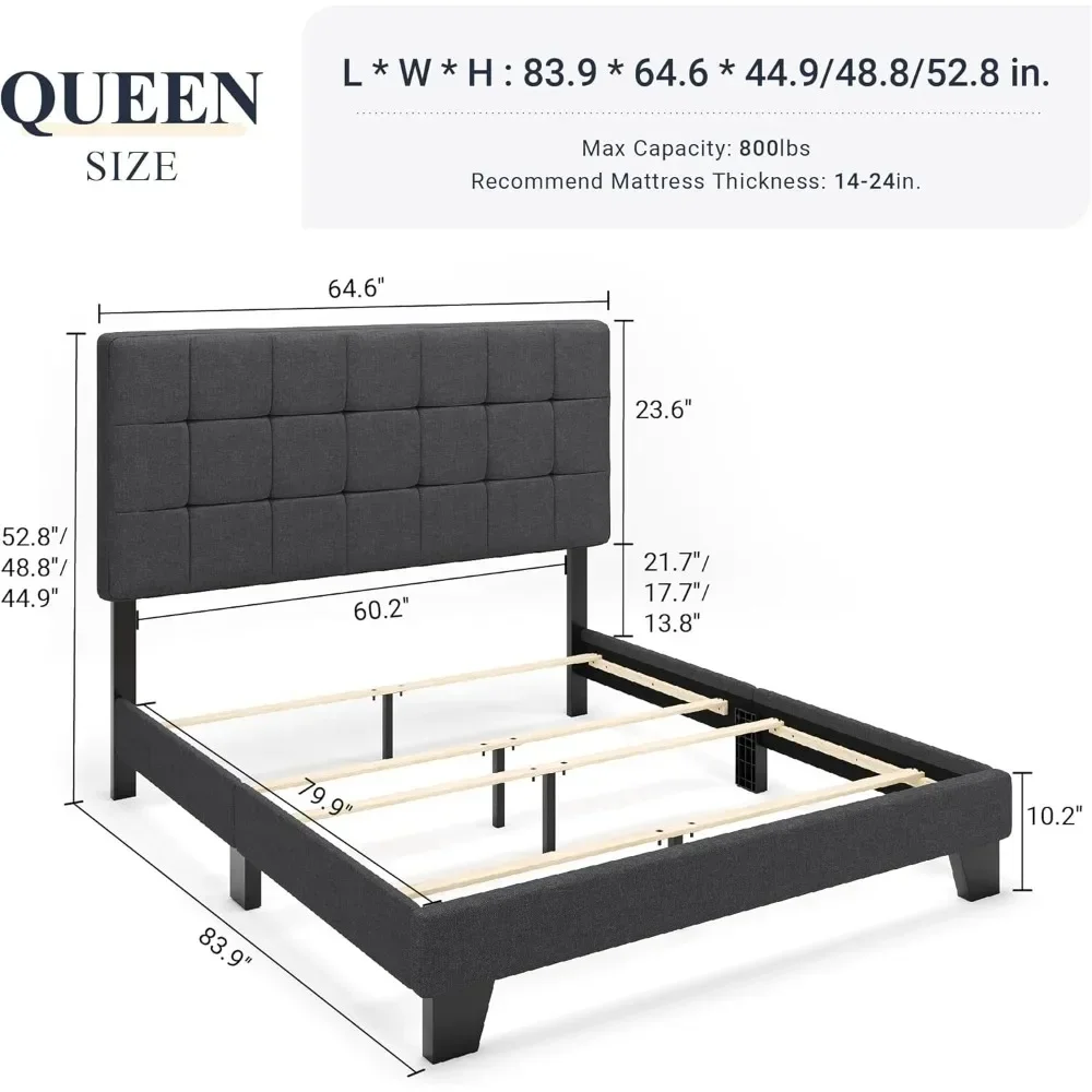 Queen Size Panel Bed Frame with Adjustable Headboard for High Profile/Fabric Upholstered/Square Stitched Padded Headboard/Box