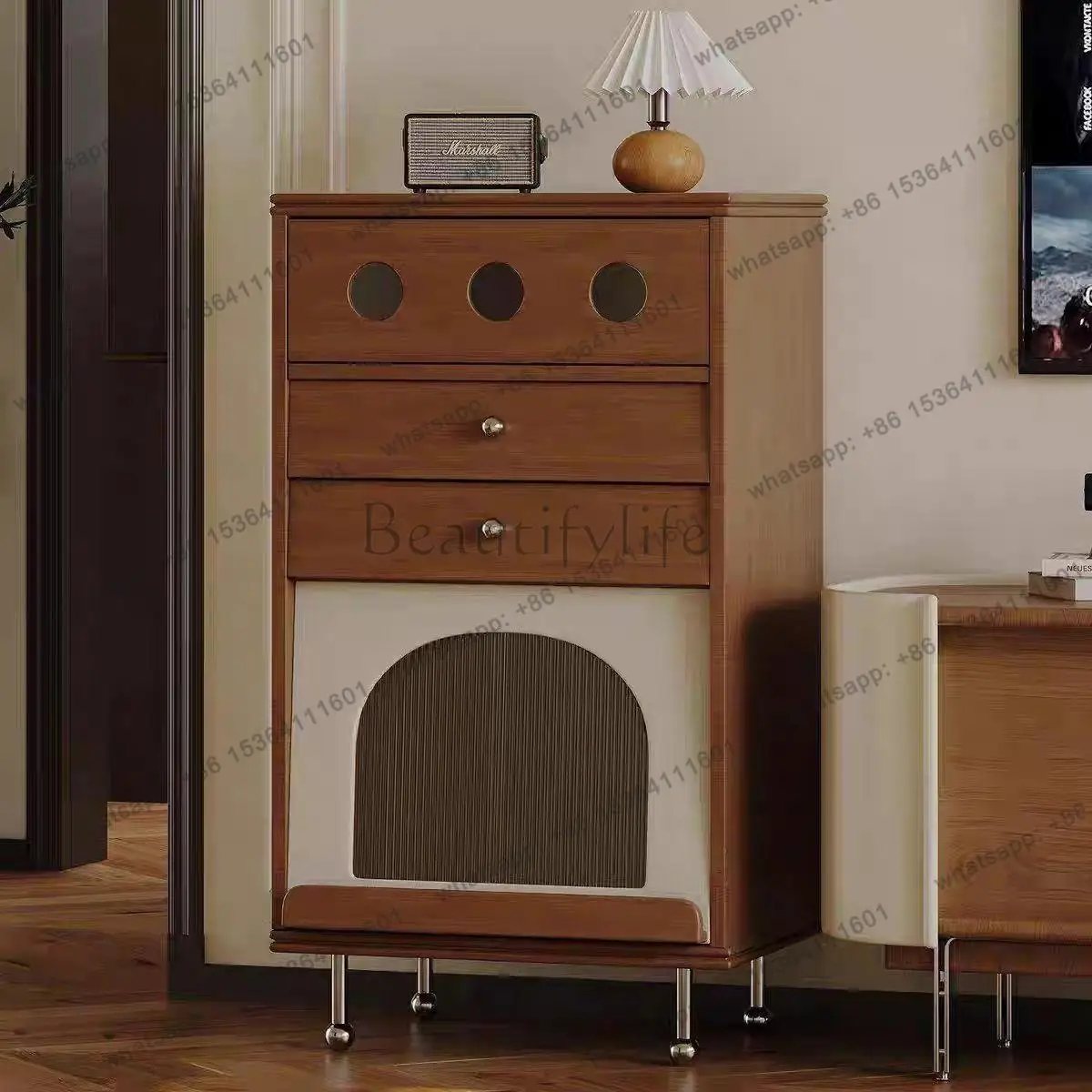 LS light luxury French boxwood retro chest cabinet living room wall drawer solid wood storage cabinet