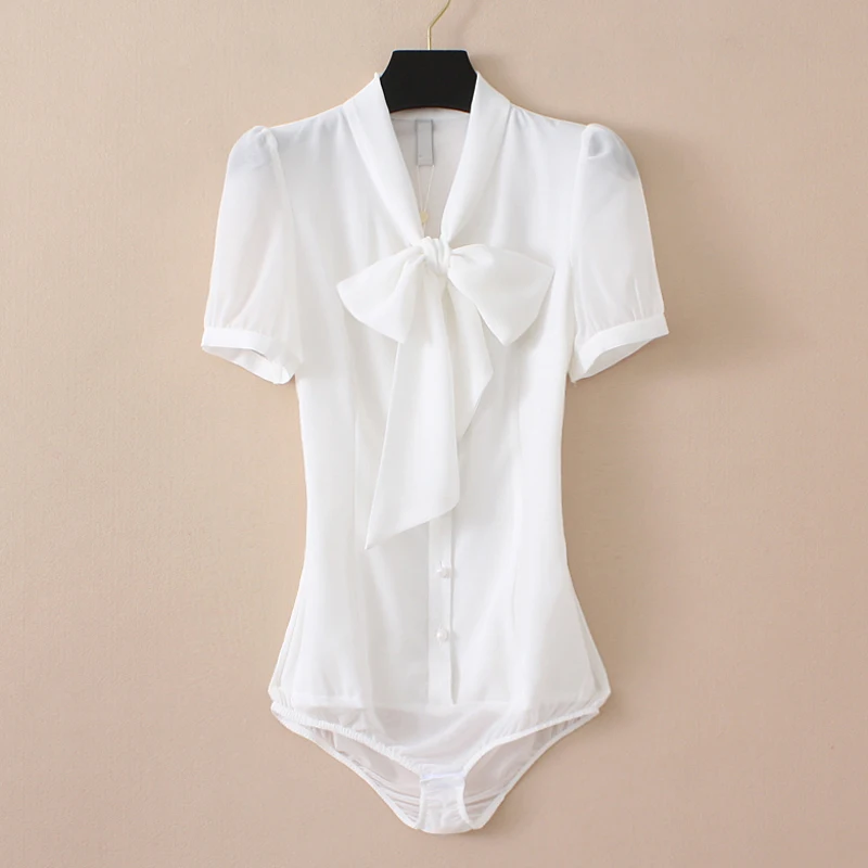 High Quality Women Chiffon Blouse Bow Neck Short Sleeve Bodysuit Office Ladies White Button Up Shirts with Panties