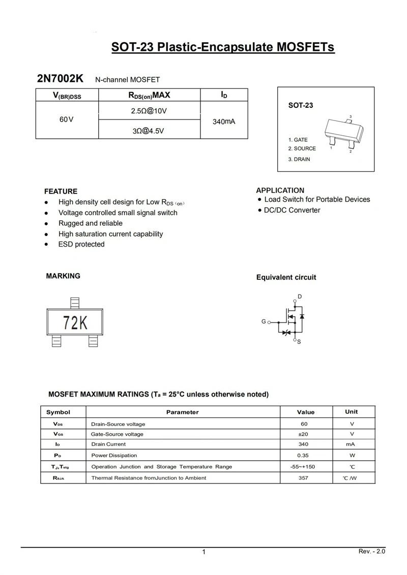 Diodo de comutação BAS116 JV, 2N7002K 72K SMD MOS FET SOT-23 N-Channel, 50pcs