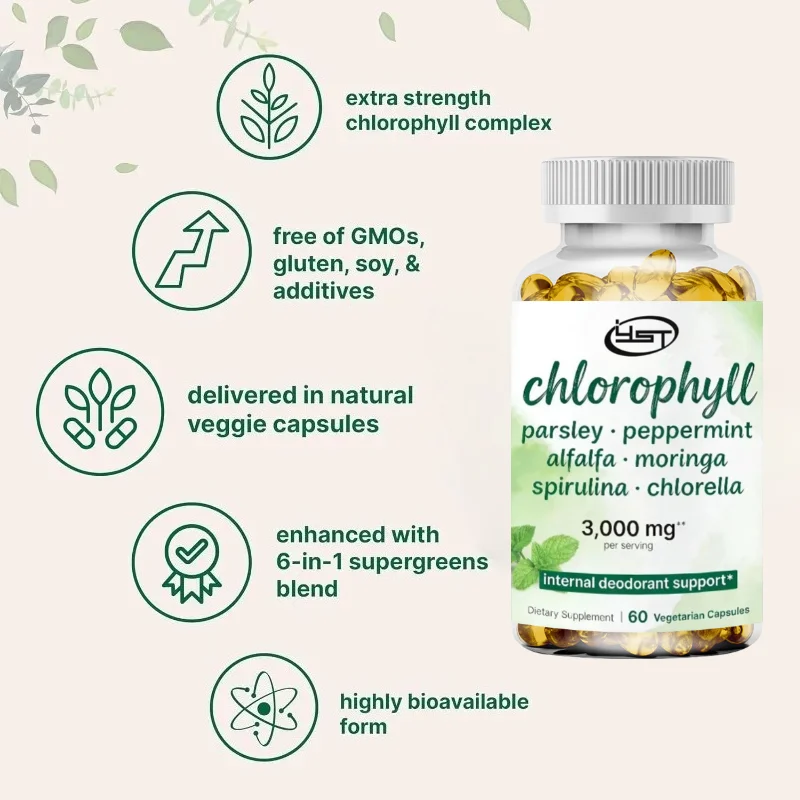 Trace Component Chlorophyll Super Green Complex Contains 60 Capsules of Parsley, Moringa, Spirulina, Microalgae, Etc