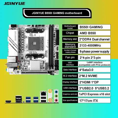 JGINYUE AMD B550 AM4 미니 ITX 마더보드는 Ryzen R5 4000/5000 시리즈 프로세서를 지원합니다. DDR4 RAM PCI-E 4.0 B550i 게임