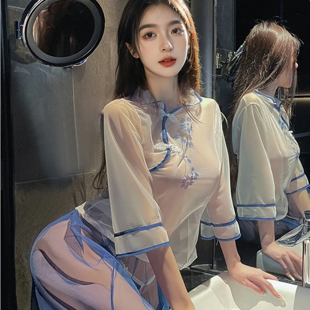 

Sexy Chinese Style Cheongsam Transparent Qipao Mesh See Through Allure Dress Sexy Hollow Split Qipao Dress Cheongsam Set