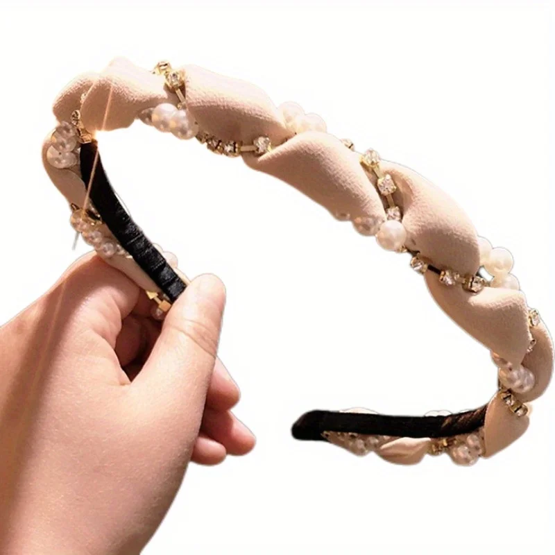 

Women's Non-Slip Twisted Pearl Rhinestone Hairband Solid Color Fairy Headband Entangled Hair Hoop Hair Accessory for Girls