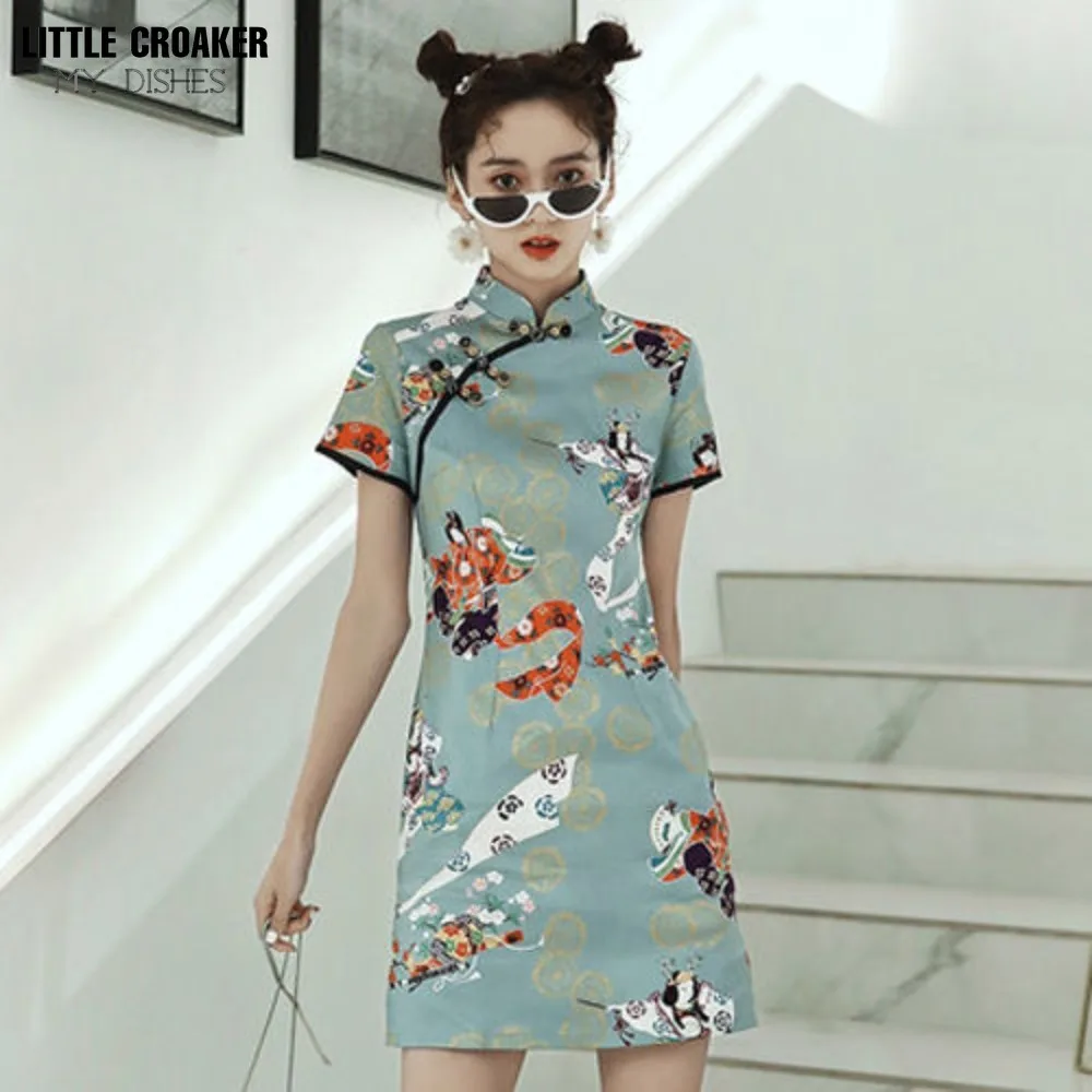 

Women Qipao New Cheongsam 2022 Summer Daily Cheongsam Mini Dress Chinese Modified Young Girl Chinoiserie Student Short Dress