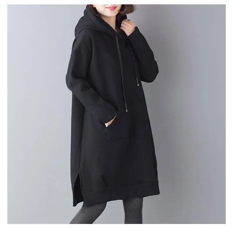 2023 Autumn and Winter Women's Large Medium Long Plush Thickened Relaxed Comfortable Versatile Sweater Hooded Split Coat