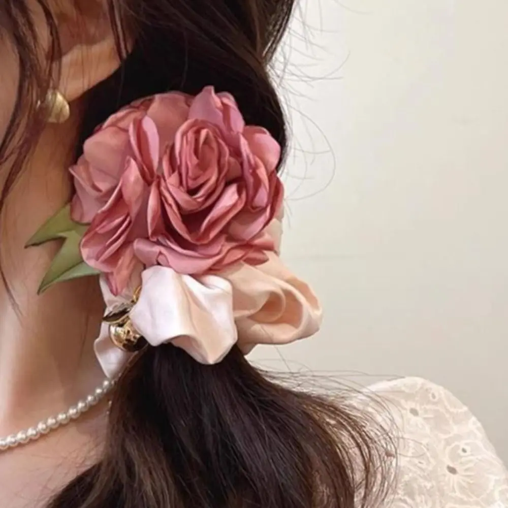 Pink Flower Hair Rope Cute Headwear Korean Style Sweet Scrunchies Bead Headdress Elastic Hair Tie Daily