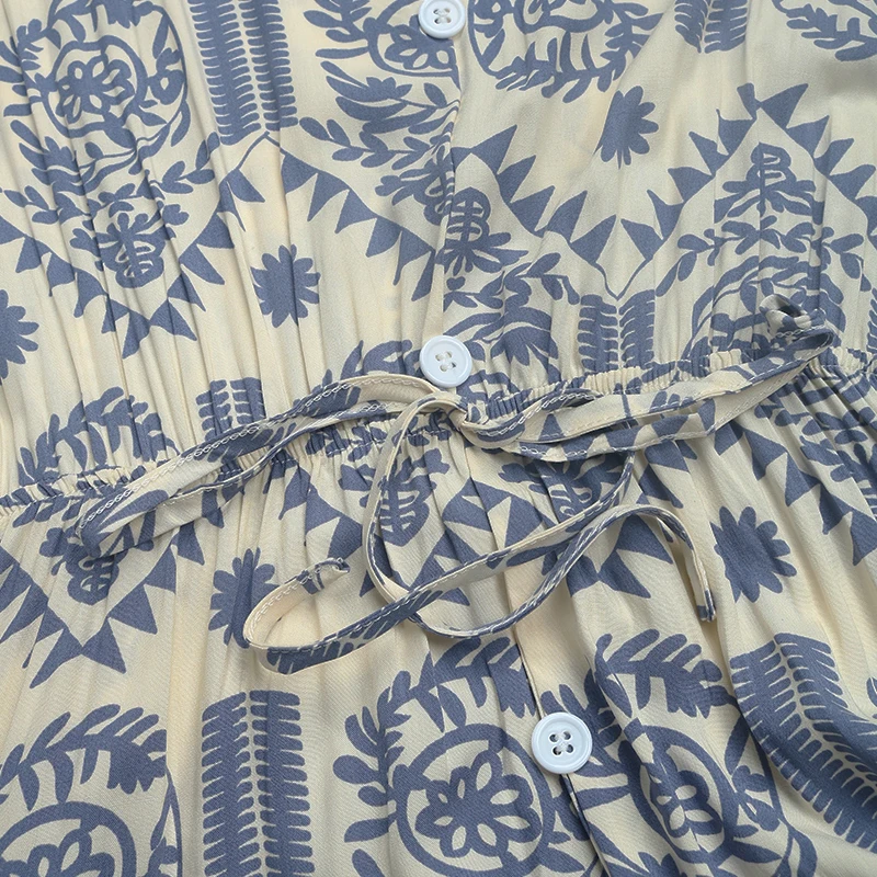 여성용 보헤미안 블루 화이트 기하학 프린트 드레스 브이넥 반소매 허리 벨트 여름 휴가 해변 파티를 위한 흐르는 미디 드레스