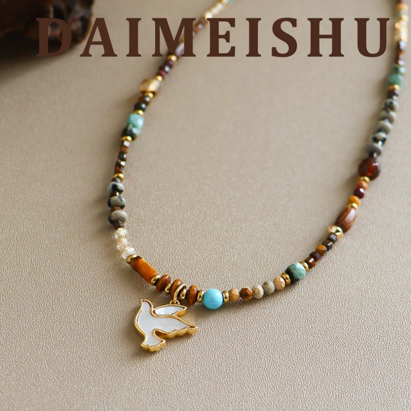 

【Mirrordust】Оригинальное ретро изысканное универсальное ожерелье с изображением голубя, тигрового глаза, бирюзовое ожерелье из бисера, цепочка на ключицу