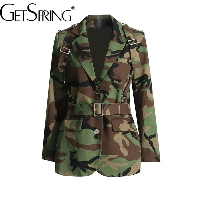 GetSpring Women Blazer 2024 Autumn Camouflage Single Breasted Long Sleeve Ladies Blazer Coat Belt  Suit Jacket New