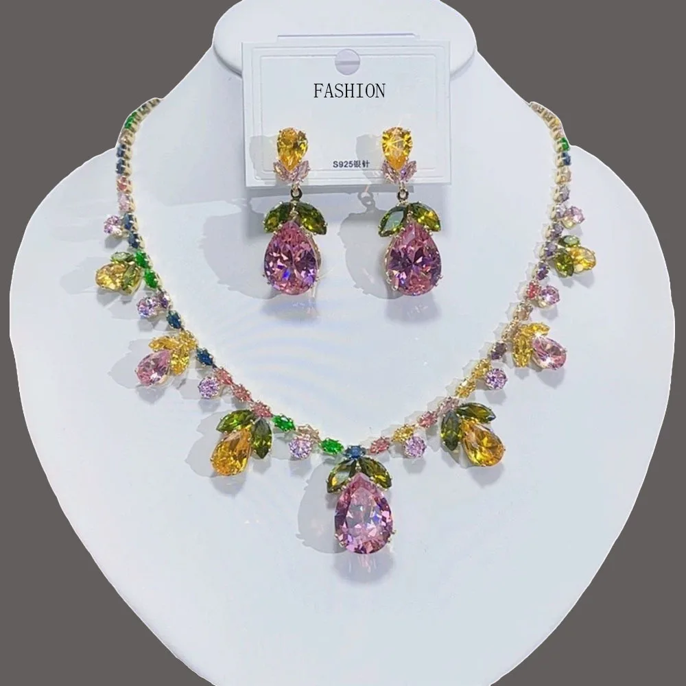 Women Rainbow Gemstone Necklace 18K Gold Plated Waterdrop Zirconia Earrings 2024