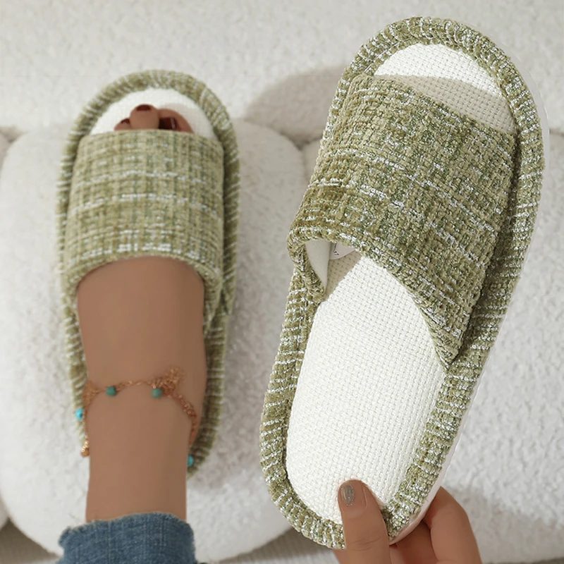 เปิดนิ้วเท้าผ้าลินินรองเท้าแตะสําหรับสตรีสบายรองเท้าแตะในร่มลื่นผู้หญิงลายห้องนั่งเล่น Unisex ชั้นสไลด์